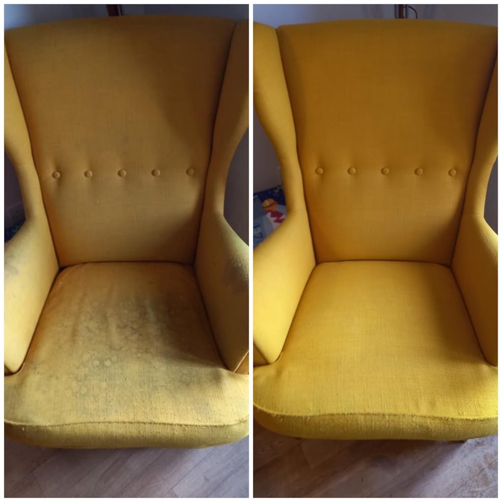 Yellow wingback chair before and after upholstery cleaning by Deep Steam