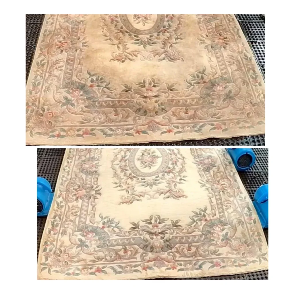 Floral wool rug before and after washing, shown on the drying grate