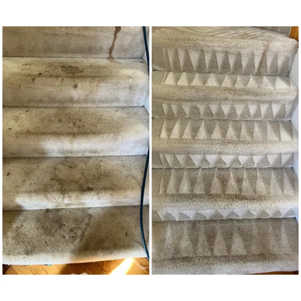 Carpeted stairs before and after cleaning, side by side