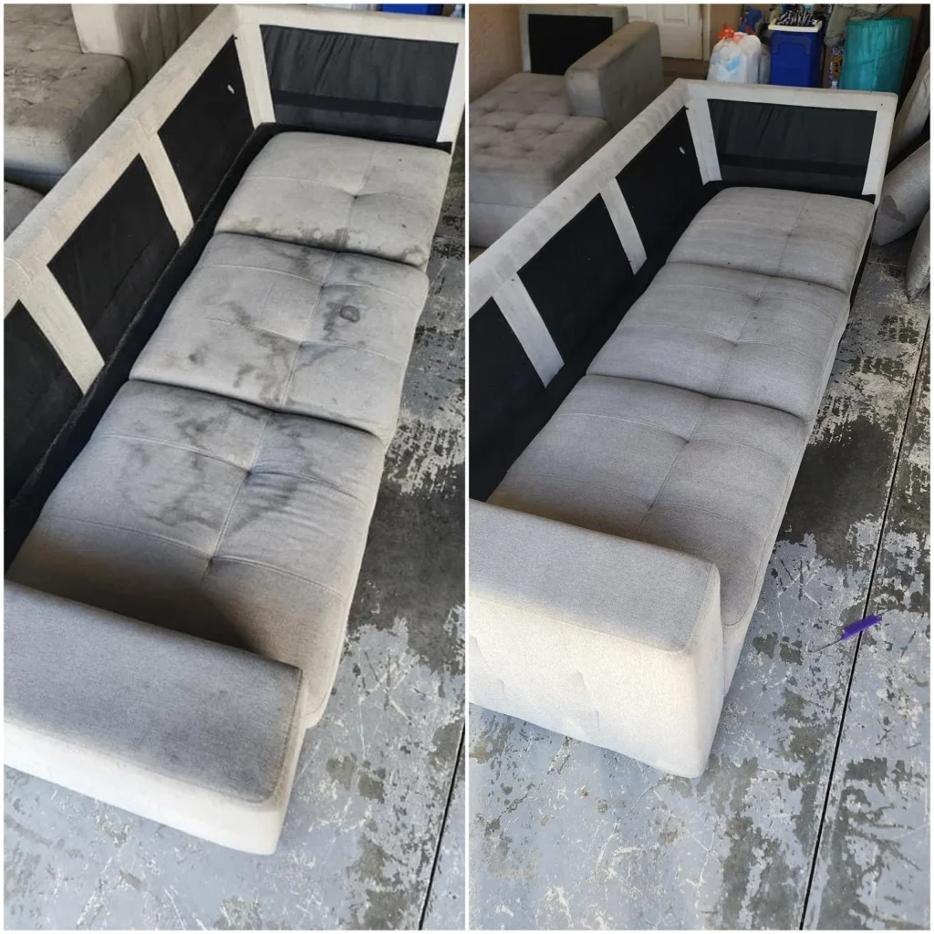 Gray sectional cushions before and after upholstery cleaning, side by side
