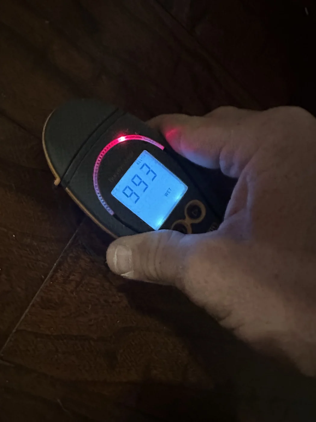 Hand holding a moisture meter showing a reading