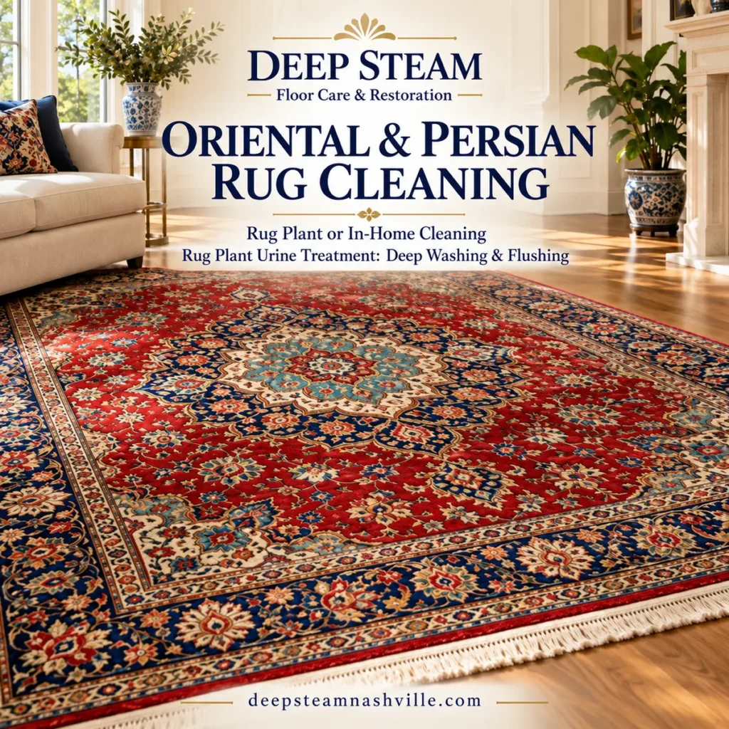 Deep Steam Oriental & Persian rug cleaning in Nashville graphic: red and navy Persian rug on a hardwood floor. Rug plant or in-home cleaning; urine treatment by deep washing and flushing.