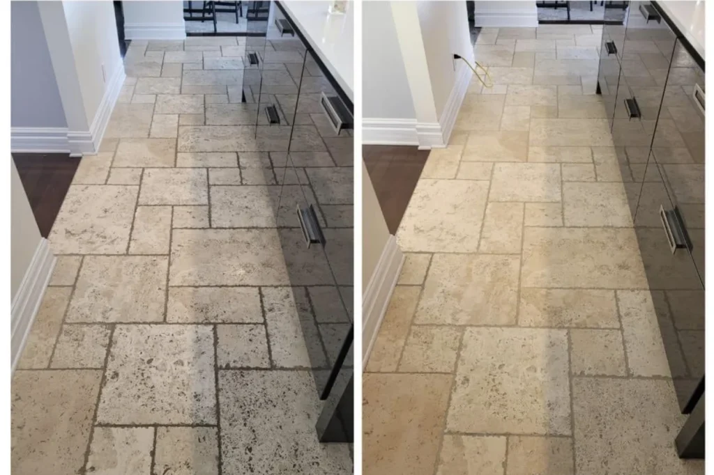 Travertine tile hallway before and after cleaning, side by side